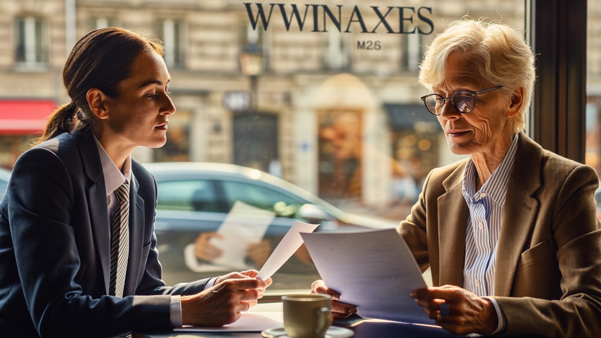 Advisor and client reviewing supplemental coverage paperwork at a cafe table