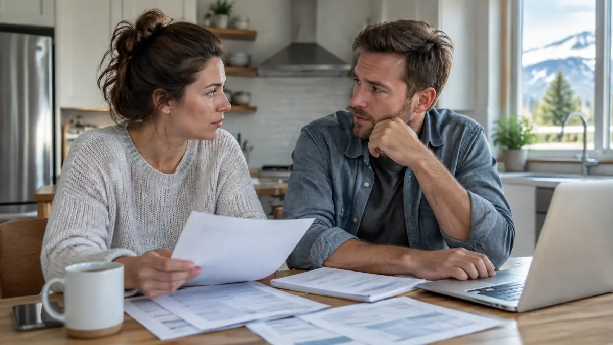 A couple in their early thirties at their Colorado kitchen table reviewing health insurance paperwork and plan options on a laptop after receiving a letter about their plan ending