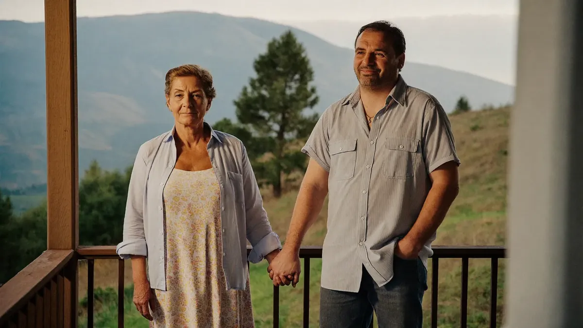 A quiet, hopeful scene of a middle-aged Colorado couple holding hands on a porch at golden hour, reviewing family papers, gentle and respectful mood