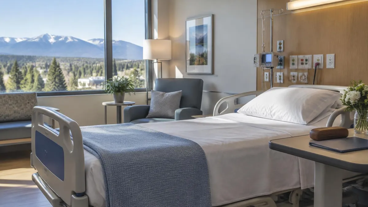 A bright modern Colorado hospital room with an empty made bed, folded blanket, glasses case, folder, and mountain view