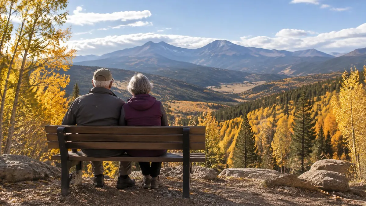 An older couple seen from behind on a bench overlooking Colorado foothills and golden aspen trees in early October