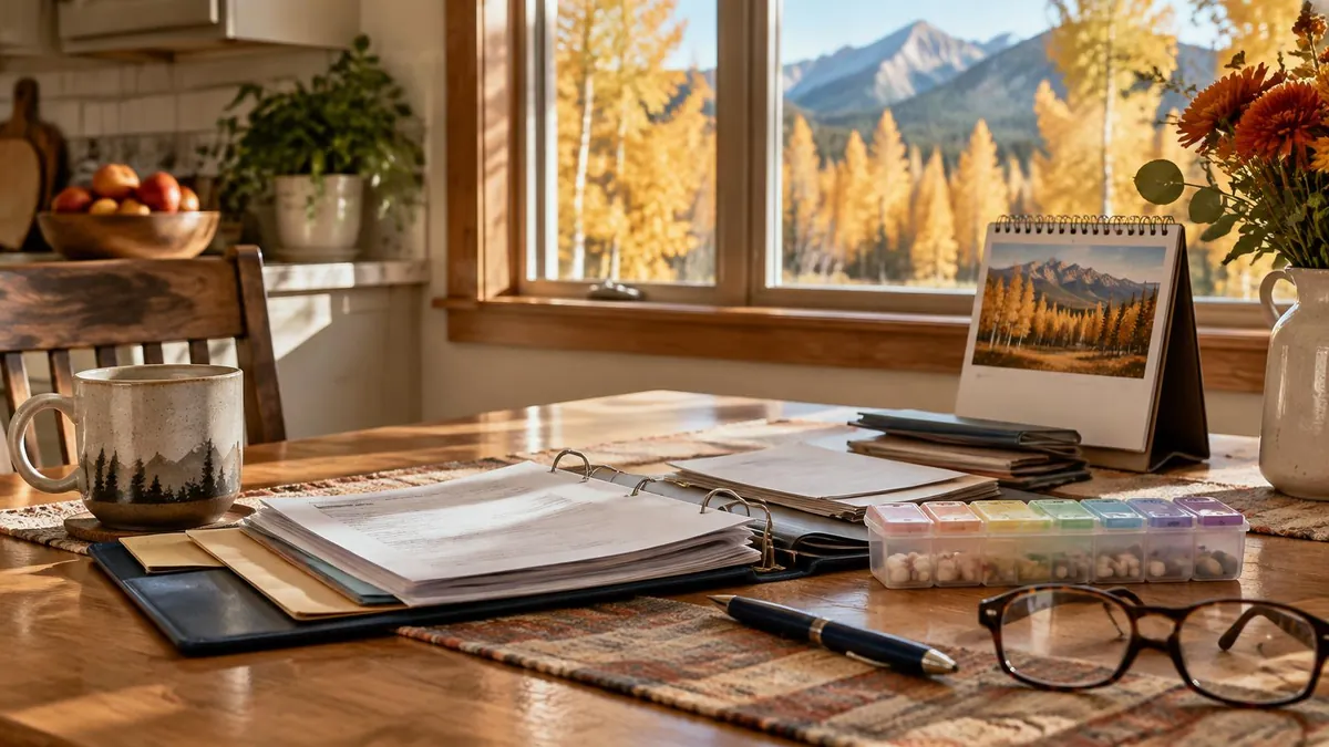 A Colorado kitchen table prepared for a Medicare plan review with an open folder, pill organizer, reading glasses, pen, and autumn calendar