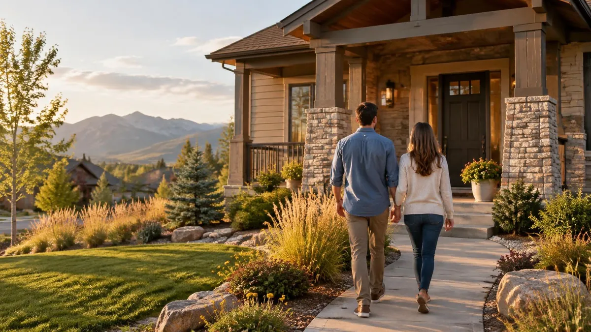 A couple seen from behind walking toward the porch of a Colorado Front Range home at golden hour with mountains in the distance